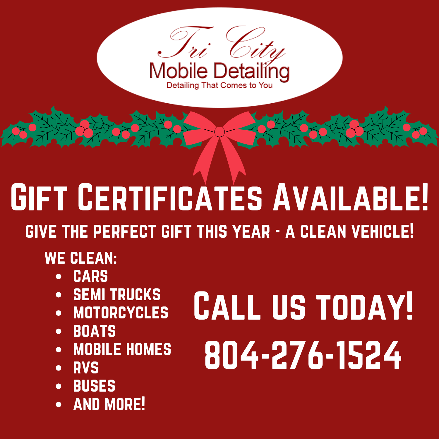 Gift Certificate Advertisment - Call 804-276-1524